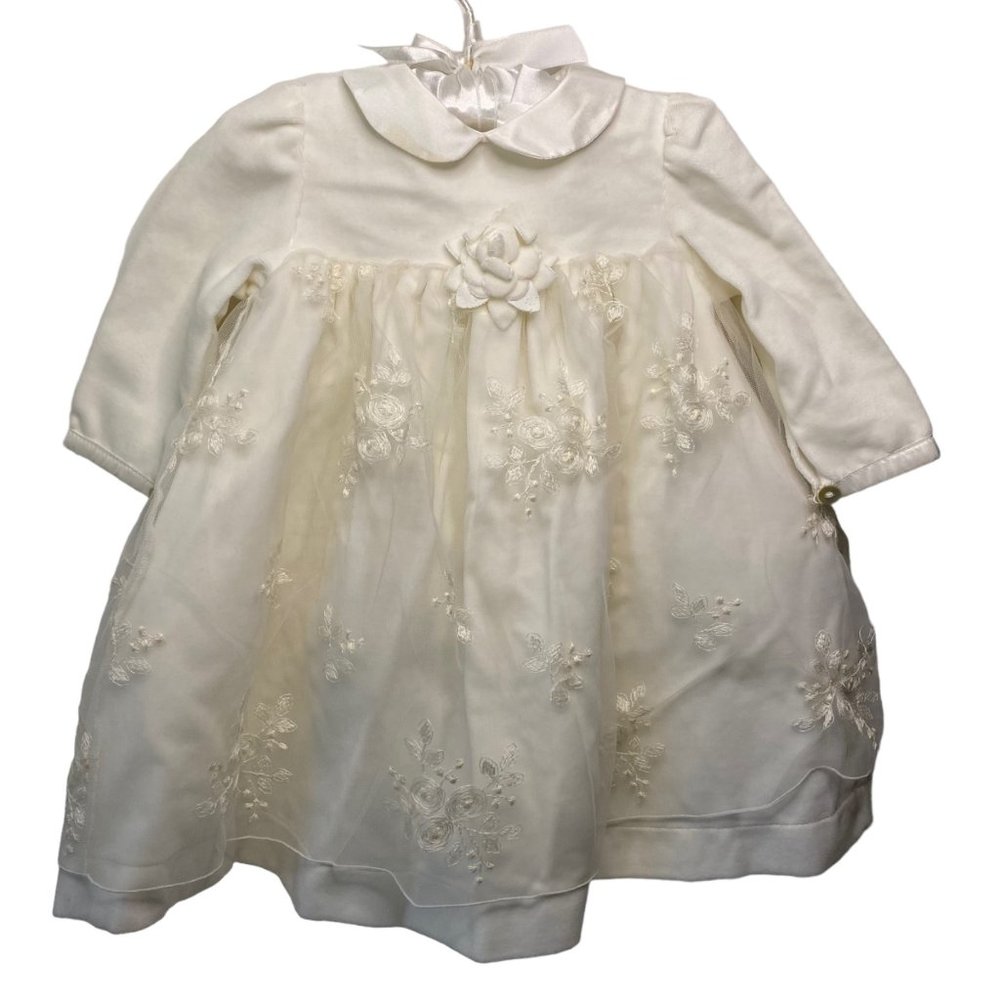 Ciccino white velvet embroidered lace dress roses Easter christening baby 9 m